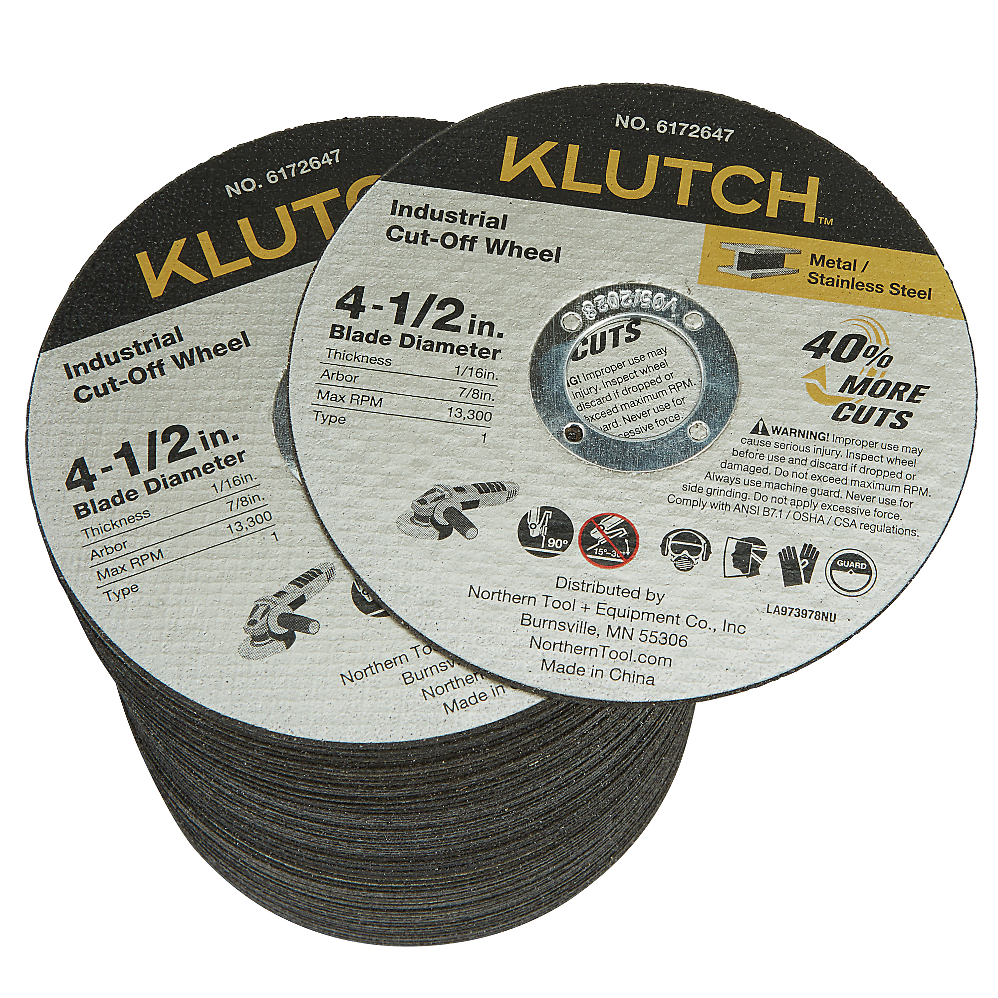 Klutch Industrial Metal Cutoff Wheels, 4-1/2in. x 1/16in. x 7/8in., Type 1, 75-Pk.